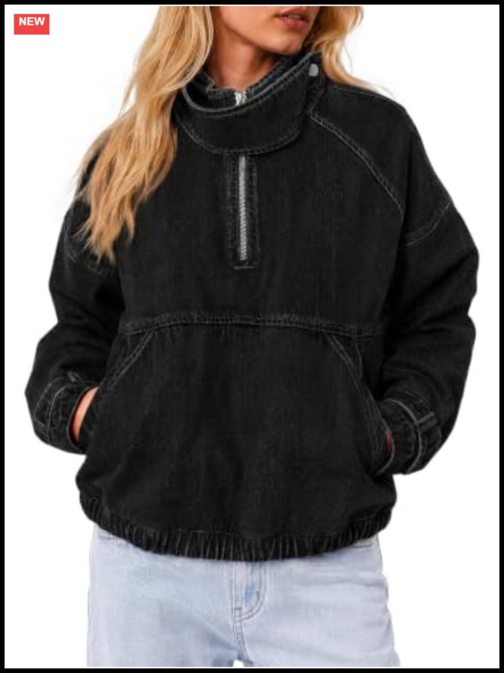 Denim Quarter Zip Pullover Jacket Mock Neck Jean Top Loose Fit